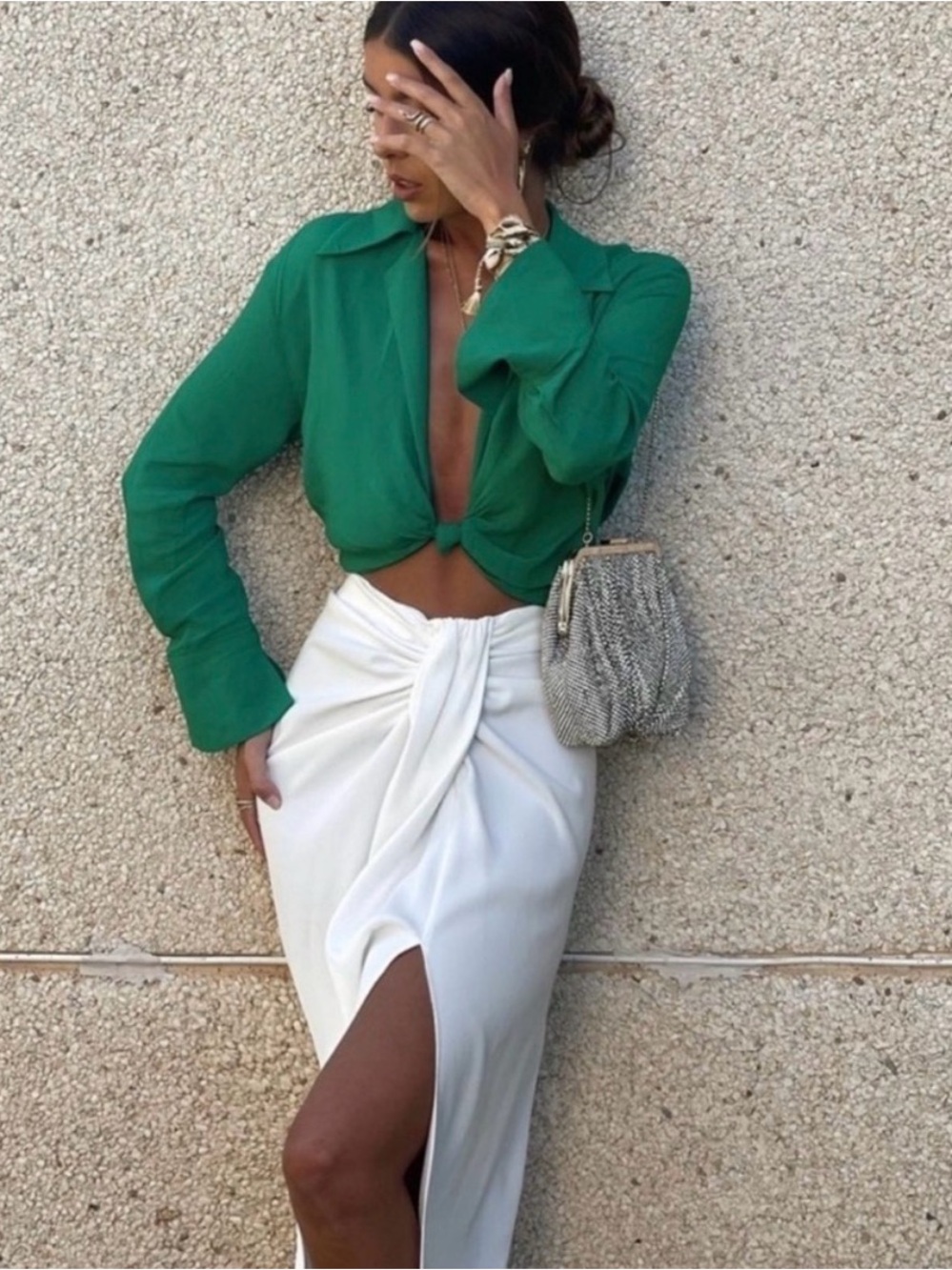 Zara NEW Emerald Green plunge knot Long Sleeve Crop Blouse